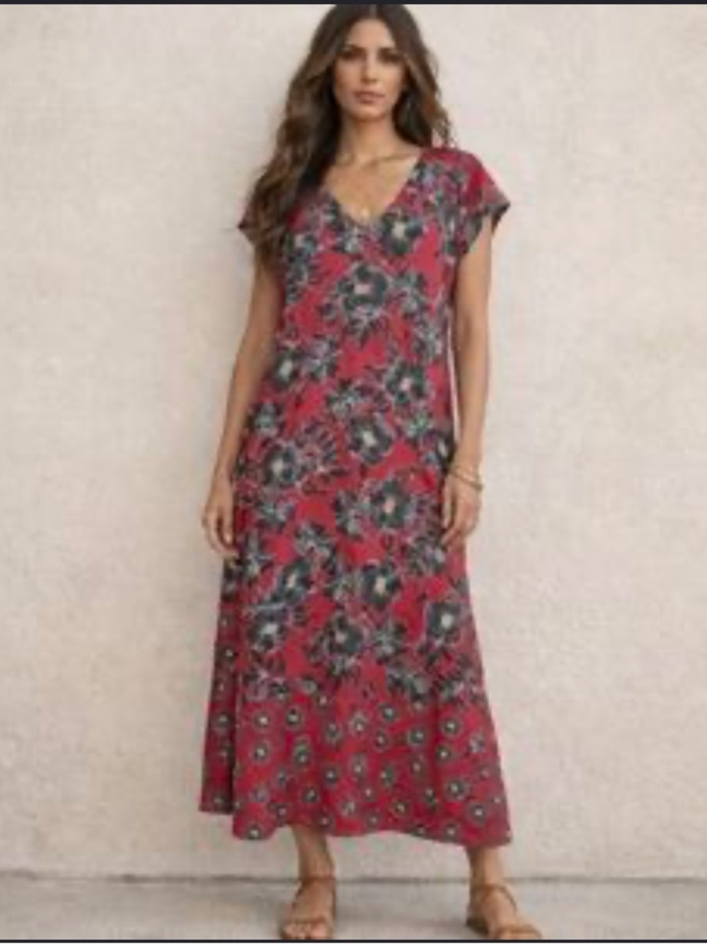 J.Jill Red Floral Flowy Midi Dress Pockets Sz M Short Sleeve V-neck Mixed Print